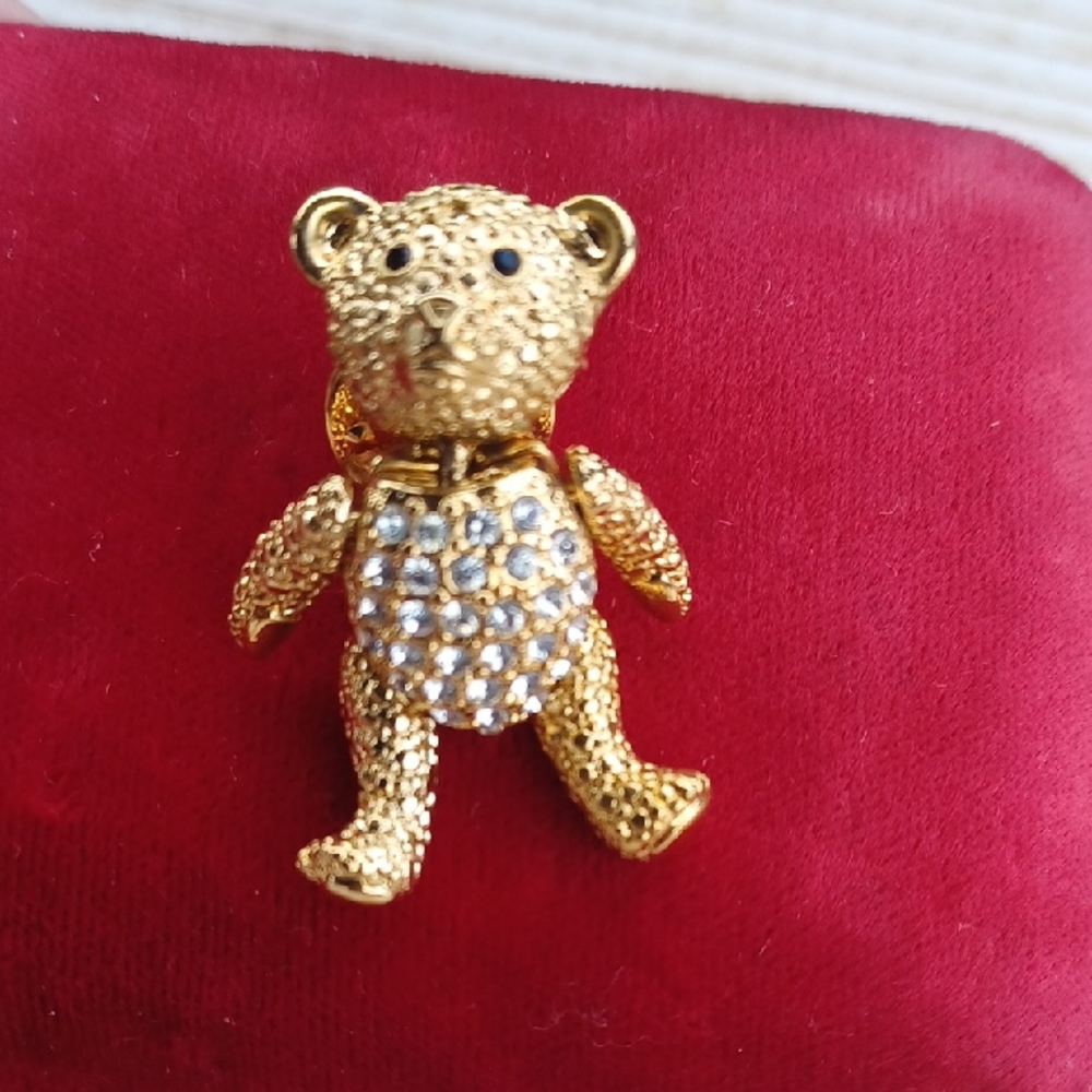 VTG Gold/Rhinestone Napier Jointed Teddy Bear Pin Articulated  Brooch 1.37"